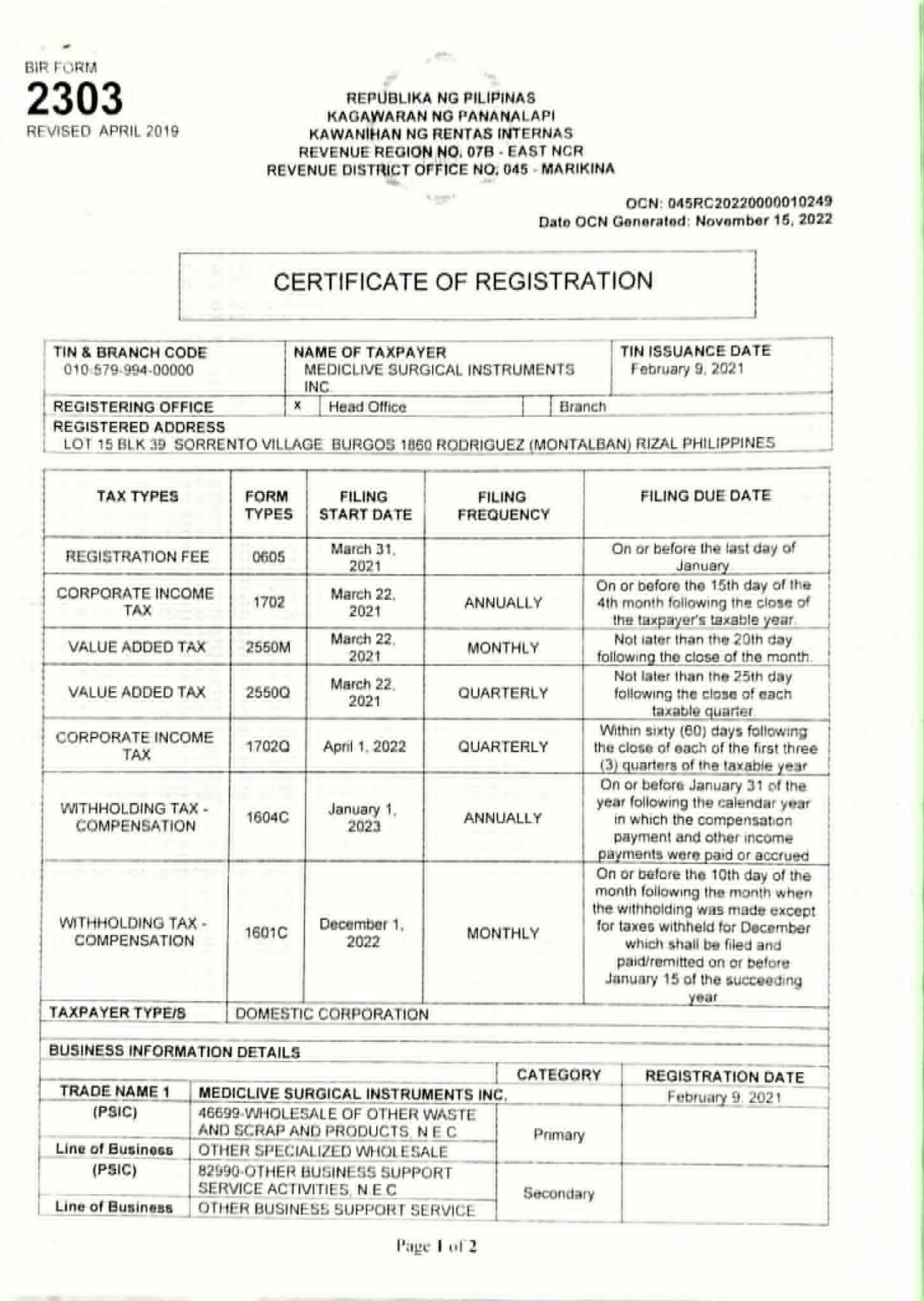 BIR Certificate of Registration – Page 1