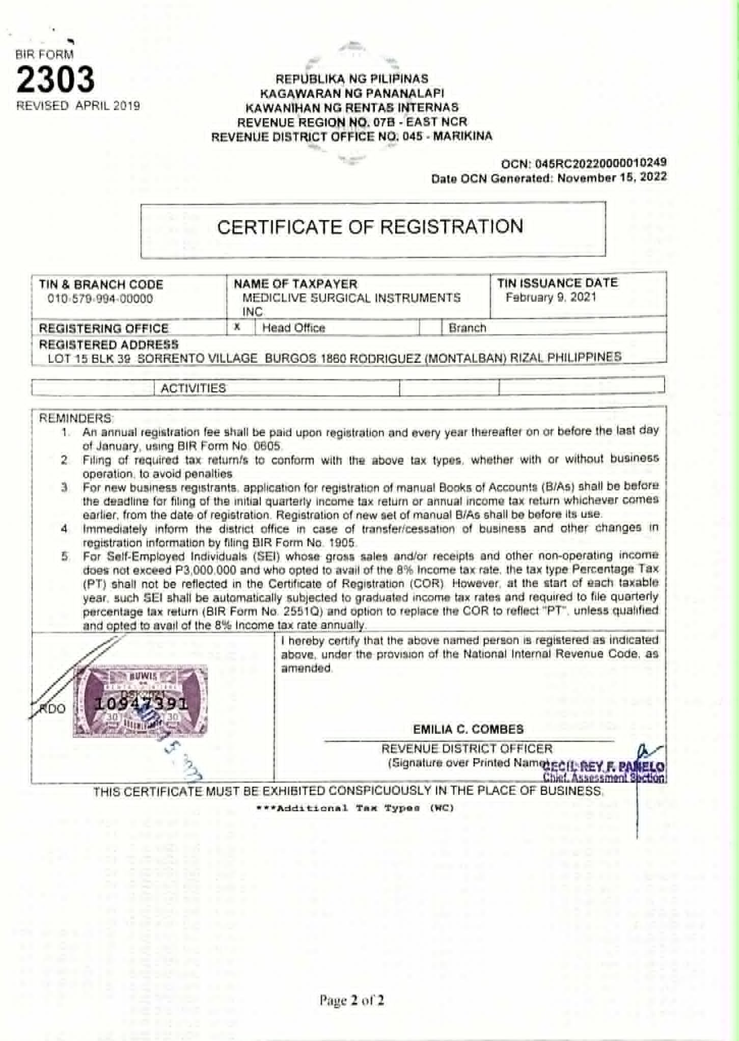 BIR Certificate of Registration – Page 2