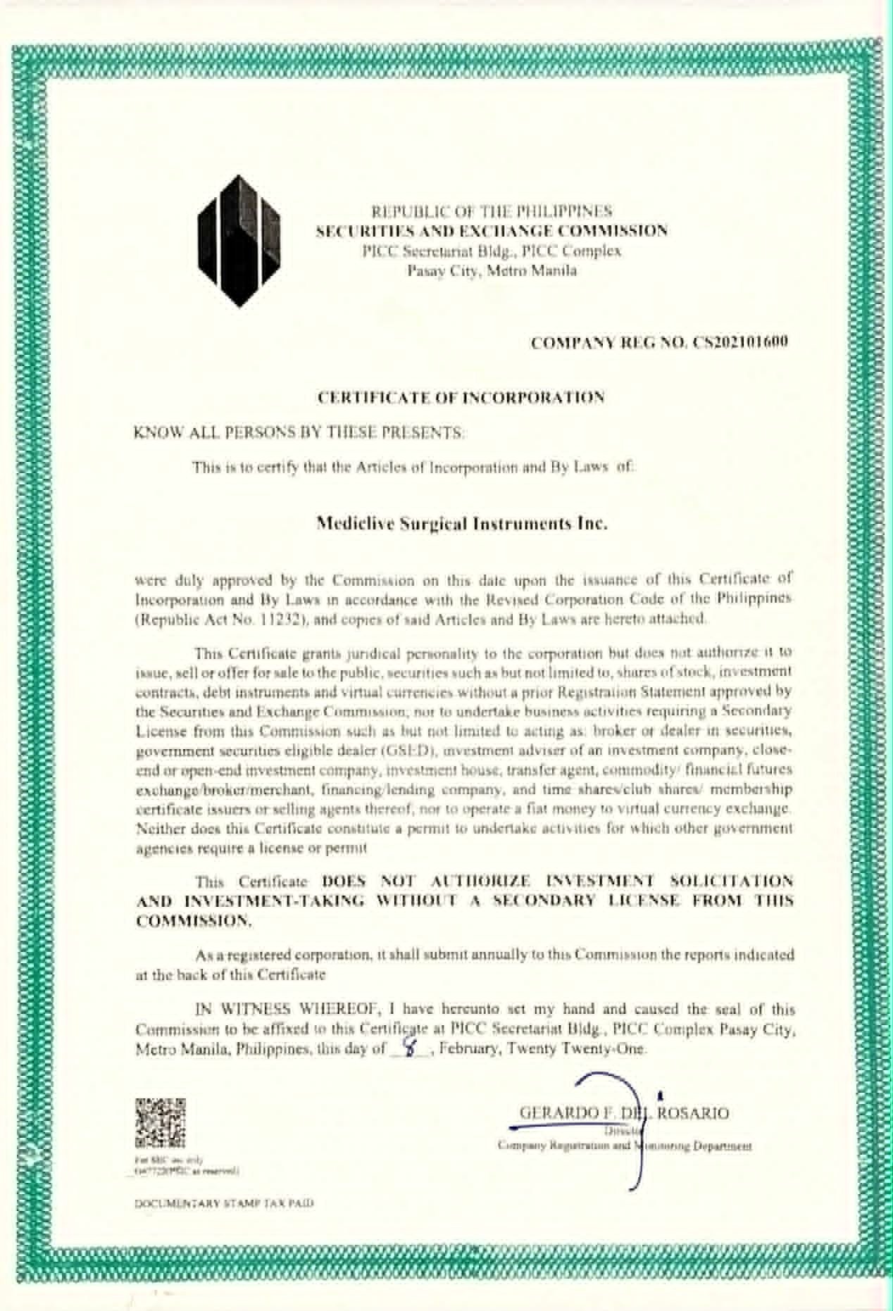 SEC Certificate of Incorporation
